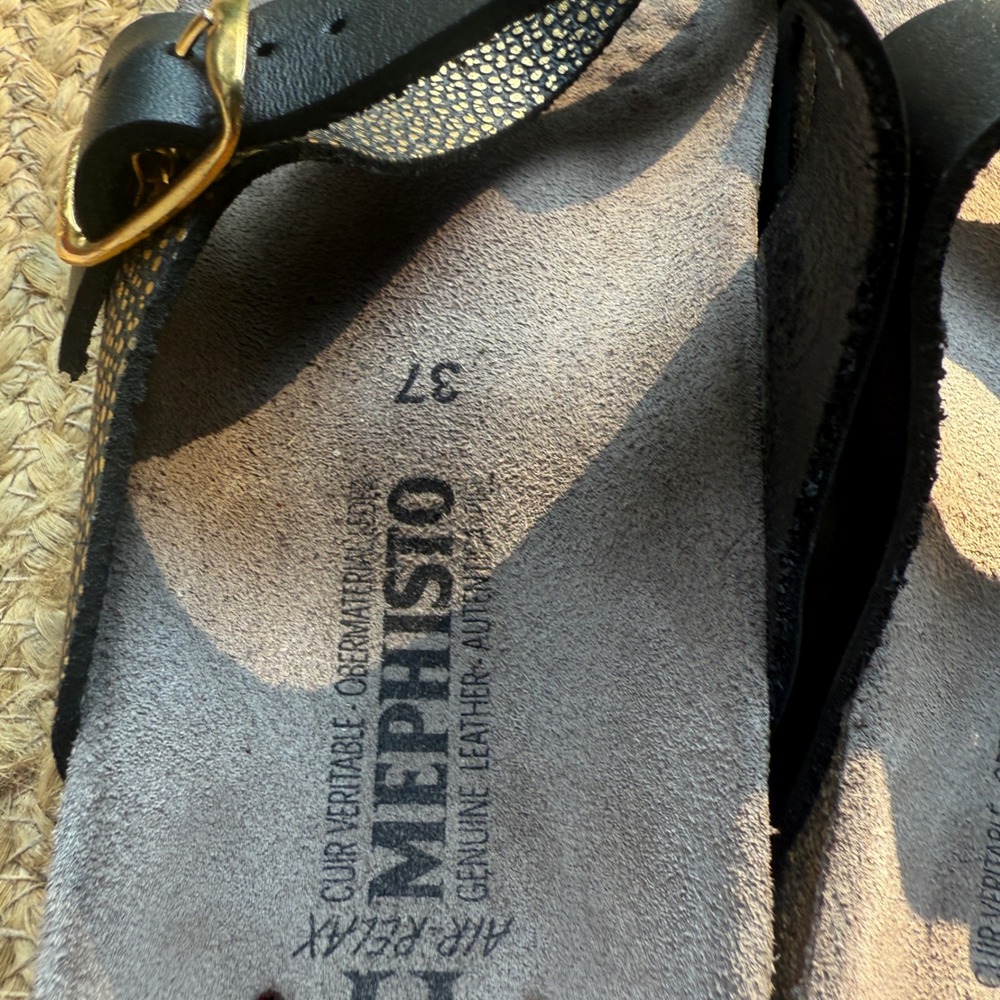 Mephisto Helen Snake Texture Black Gold Metallic Leather Cork Footbed Sandals 37 - Picture 3 of 6